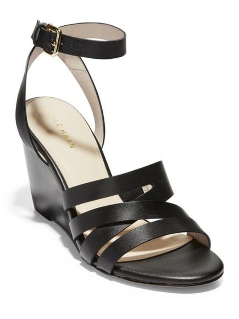 Cole Haan Black Leather Strappy Wedge Sandals with Ankle Buckle